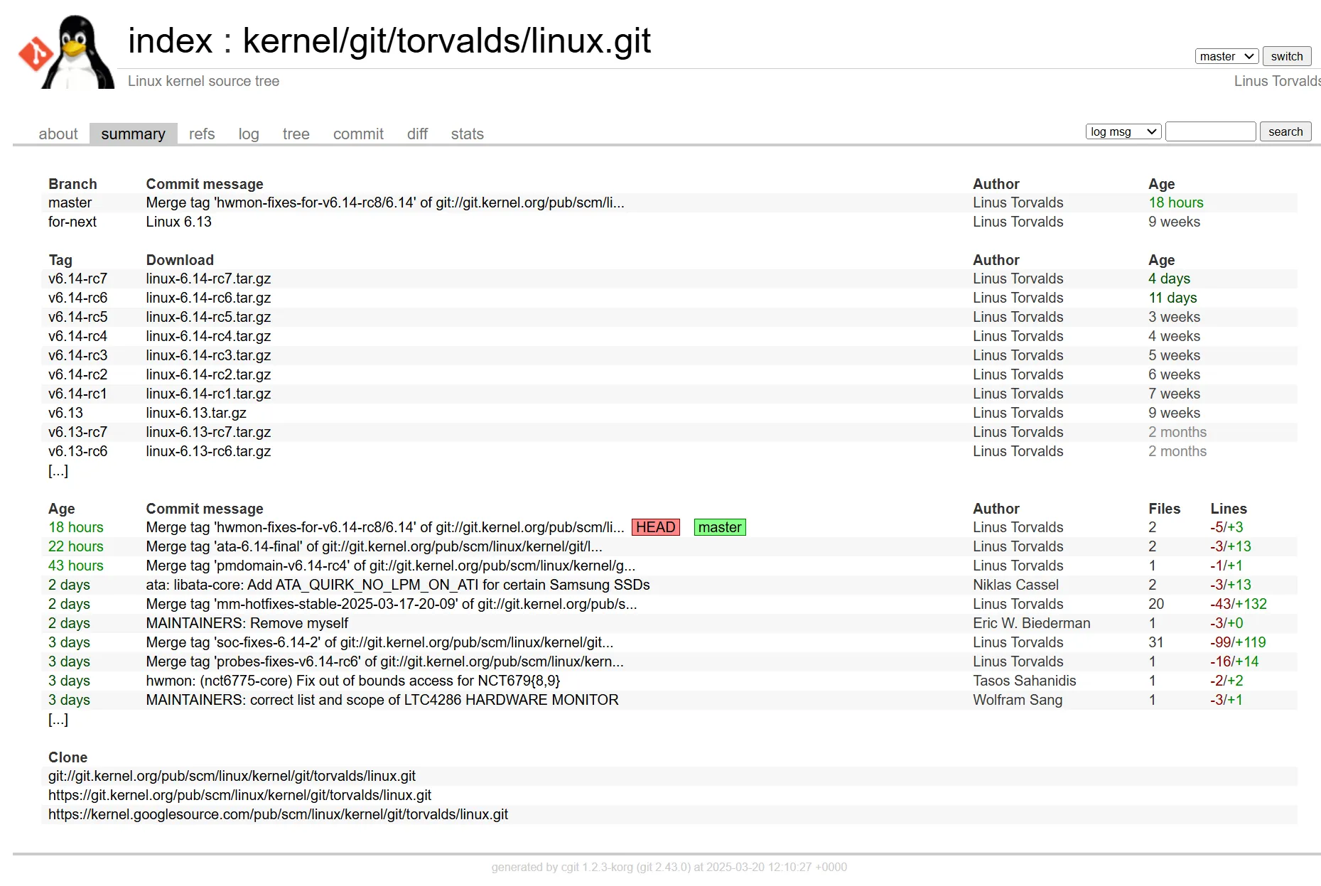 Linux kernel repository shown in cgit Linux kernel repository shown in cgit